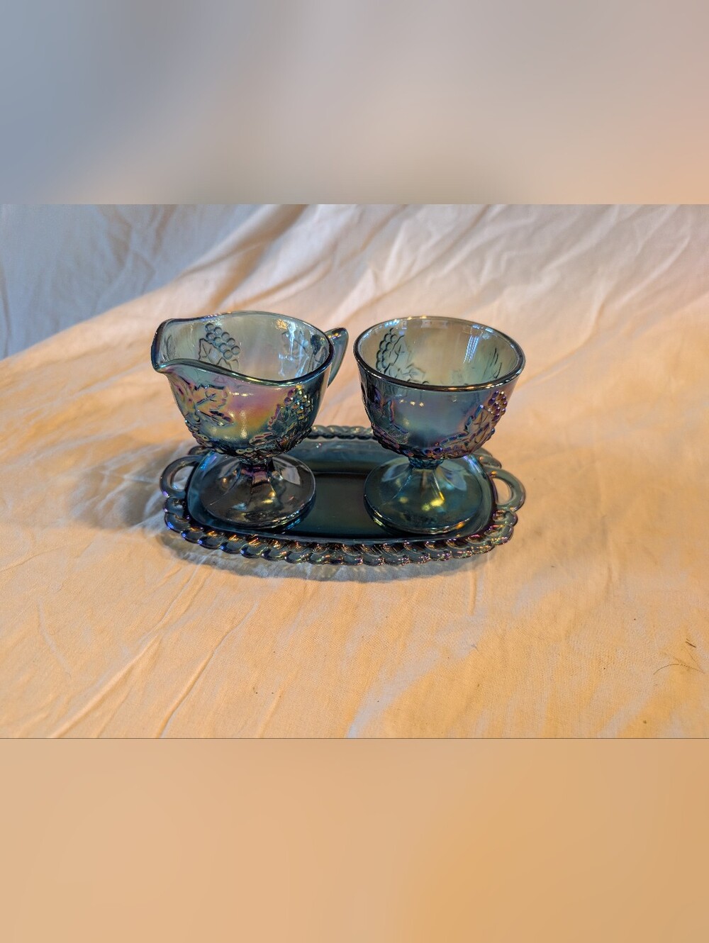 2/80$ Indiana Glass Iridescent Blue Carnival Glass Creamer and Sugar with Tray